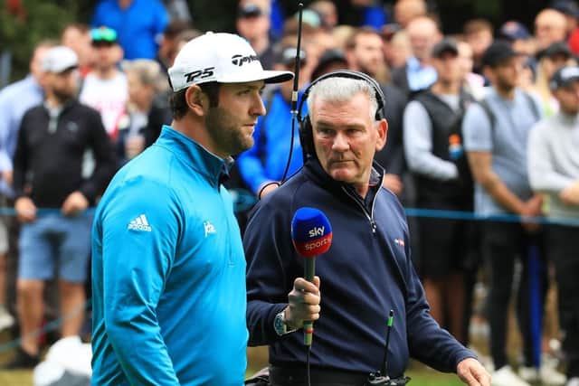 Jon Rahm takes part in an on-course interviewed with Tim Barter of Sky Sports during a BMW PGA Championship at Wentworth. Picture: Andrew Redington/Getty Images.