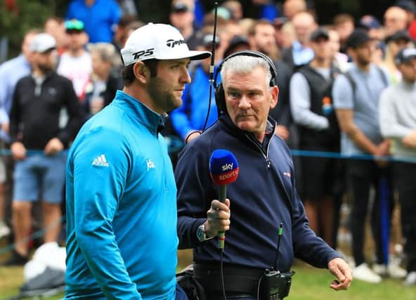 Jon Rahm takes part in an on-course interviewed with Tim Barter of Sky Sports during a  BMW PGA Championship at Wentworth. Picture: Andrew Redington/Getty Images.