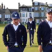 Wearing snazzy waistcoats, some of the US players walk across the first fairway on the Old Course ahead of the 49th Walker Cup at St Andrews. Picture: Oisin Keniry/R&A/R&A via Getty Images.