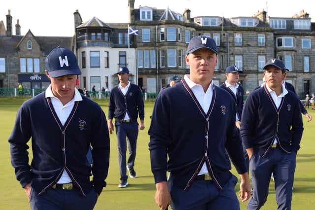 Wearing snazzy waistcoats, some of the US players walk across the first fairway on the Old Course ahead of the 49th Walker Cup at St Andrews. Picture: Oisin Keniry/R&A/R&A via Getty Images.