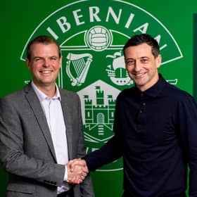 Hibs manager Jack Ross (right) is unveiled alongside Sporting Director Graeme Mathie last November. Photo by Craig Williamson / SNS Group