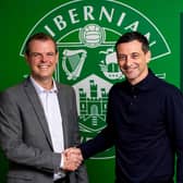 Hibs manager Jack Ross (right) is unveiled alongside Sporting Director Graeme Mathie last November. Photo by Craig Williamson / SNS Group