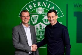 Hibs manager Jack Ross (right) is unveiled alongside Sporting Director Graeme Mathie last November. Photo by Craig Williamson / SNS Group