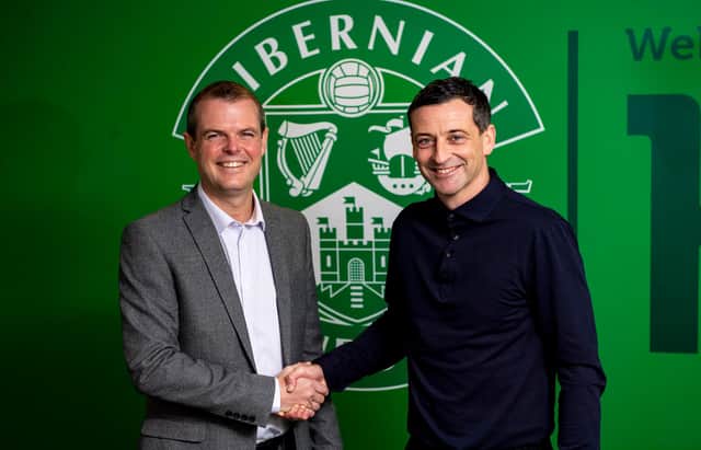 Hibs manager Jack Ross (right) is unveiled alongside Sporting Director Graeme Mathie last November. Photo by Craig Williamson / SNS Group