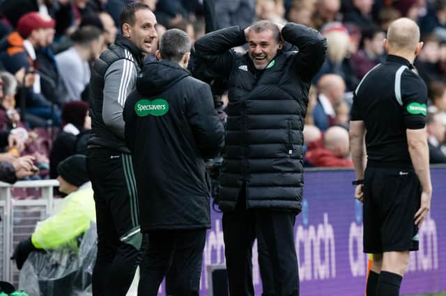 Celtic manager Ange Postecoglou can't believe his side haven't been given a penalty during the 4-3 win over Hearts. (Photo by Craig Williamson / SNS Group)