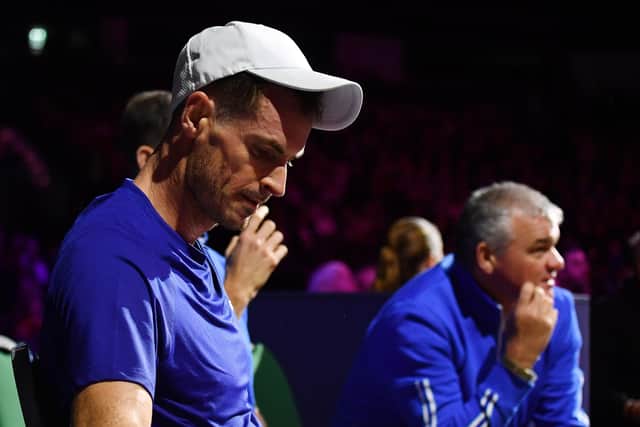 With team captain Paul Lawrie in the background, Andy Murray takes a break between games during day the Battle of the Brits at P&J Live Arena in Aberdeen in 2022. Mark Runnacles/Getty Images for Battle of the Brits.