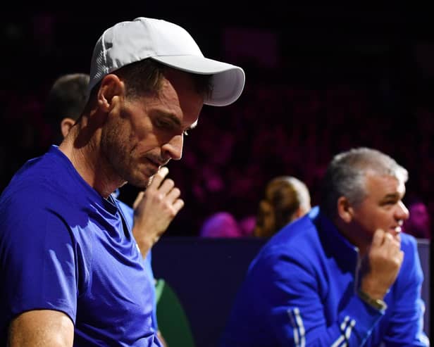With team captain Paul Lawrie in the background, Andy Murray takes a break between games during day the Battle of the Brits at P&J Live Arena in Aberdeen in 2022. Mark Runnacles/Getty Images for Battle of the Brits.