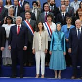 This conference near Paris in June 2018 was said to be the target of a bomb plot by alleged Iranian agents. Front row, from left: Canadian foreign minister John Baird, retired Canadian politician Stephen Joseph, Colombian-French politician Ingrid Betancourt, Maryam Rajavi, leader of the People's Mujahedin of Iran, Rudolph Giuliani, attorney to President Donald Trump, and former US Speaker of the House Newt Gingrich (Picture: Zakaria Abdelkafi/AFP via Getty Images)