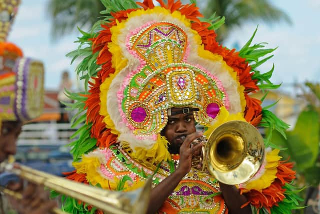 A trumpeter at Junkanoo, Bahamas. Pic: PA Photo/Alamy.