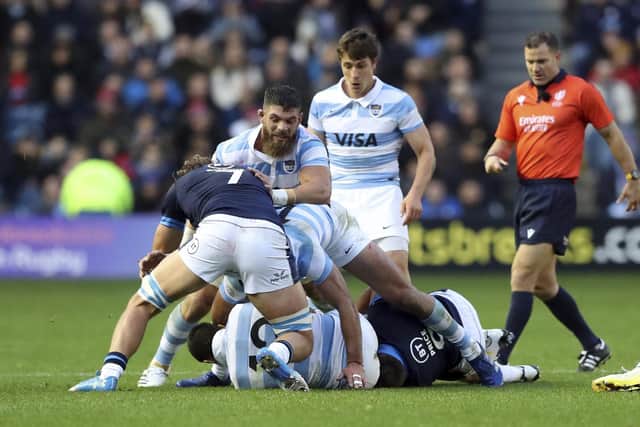 Argentina's Marcos Kremer was sent off for this dangerous tackle on Scotland captain Jamie Ritchie.