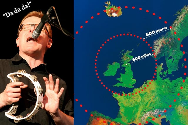In Scotland's capital where we find 'sunshine on Leith', we can mark a radial distance of 500 miles and 500 more. This allows us to visualise the lengths The Proclaimers were prepared to go. Around the first 500 miles they could encounter France, Norway, Amsterdam, Brussels, and Denmark. After 500 more, they could fall down at a door in Portugal, Spain, Italy, Poland, Austria, Sweden, Prague, and Iceland, to name a few.