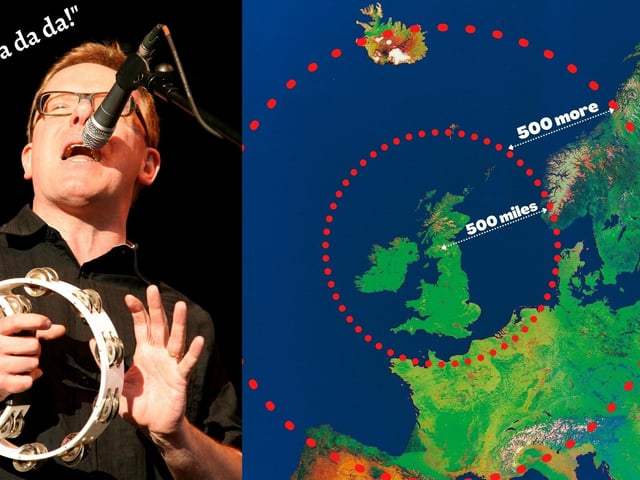 In Scotland's capital where we find 'sunshine on Leith', we can mark a radial distance of 500 miles and 500 more. This allows us to visualise the lengths The Proclaimers were prepared to go. Around the first 500 miles they could encounter France, Norway, Amsterdam, Brussels, and Denmark. After 500 more, they could fall down at a door in Portugal, Spain, Italy, Poland, Austria, Sweden, Prague, and Iceland, to name a few.