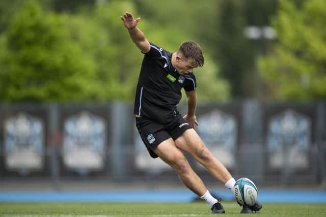 Glasgow Warriors stand-off Ross Thompson practises his kicking ahead of the 1872 Cup match with Edinburgh.  (Photo by Ross MacDonald / SNS Group)