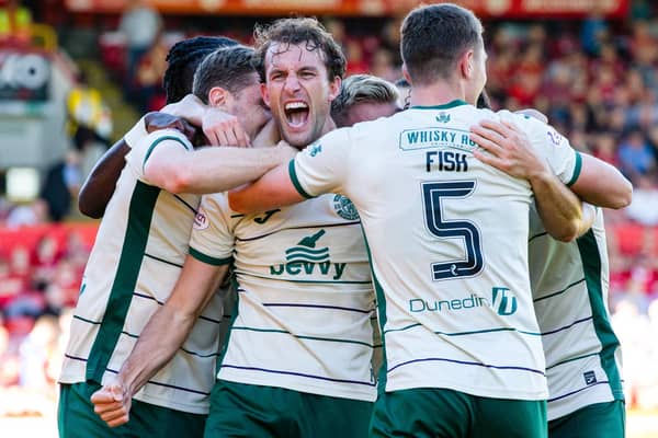 Christian Doidge celebrates netting Hibs' second in the 2-0 win over Aberdeen at Pittodrie. (Photo by Ewan Bootman / SNS Group)