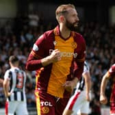 Motherwell's Kevin Van Veen celebrates after scoring the match-winning penalty against St Mirren on Sunday. (Photo by Sammy Turner / SNS Group)