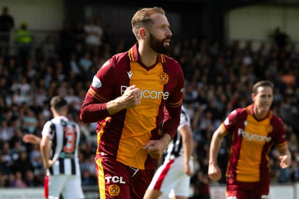 Motherwell's Kevin Van Veen celebrates after scoring the match-winning penalty against St Mirren on Sunday. (Photo by Sammy Turner / SNS Group)