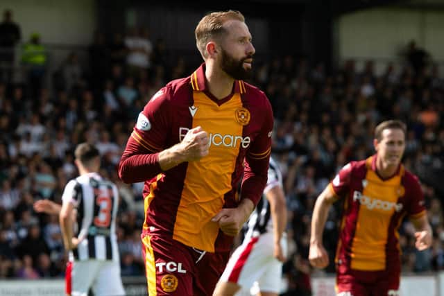 Motherwell's Kevin Van Veen celebrates after scoring the match-winning penalty against St Mirren on Sunday. (Photo by Sammy Turner / SNS Group)