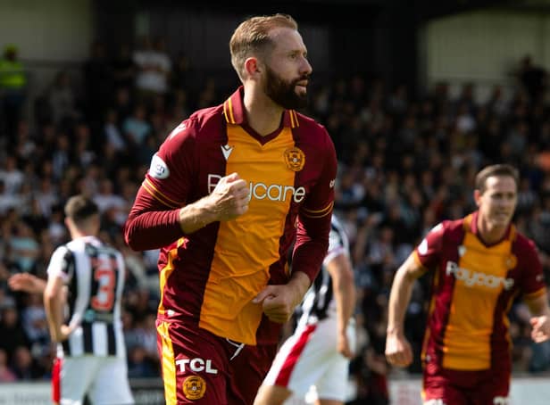 Motherwell's Kevin Van Veen celebrates after scoring the match-winning penalty against St Mirren on Sunday. (Photo by Sammy Turner / SNS Group)