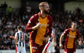 Motherwell's Kevin Van Veen celebrates after scoring the match-winning penalty against St Mirren on Sunday. (Photo by Sammy Turner / SNS Group)
