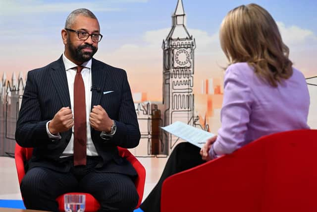 For use in UK, Ireland or Benelux countries only 

BBC handout photo of Foreign Secretary James Cleverly appearing on the BBC 1 current affairs programme, Sunday With Laura Kuenssberg.  Issue date: Sunday September 17, 2023. PA Photo. See PA story POLITICS China. Photo credit should read: Jeff Overs/BBC/PA Wire

NOTE TO EDITORS: Not for use more than 21 days after issue. You may use this picture without charge only for the purpose of publicising or reporting on current BBC programming, personnel or other BBC output or activity within 21 days of issue. Any use after that time MUST be cleared through BBC Picture Publicity. Please credit the image to the BBC and any named photographer or independent programme maker, as described in the caption.