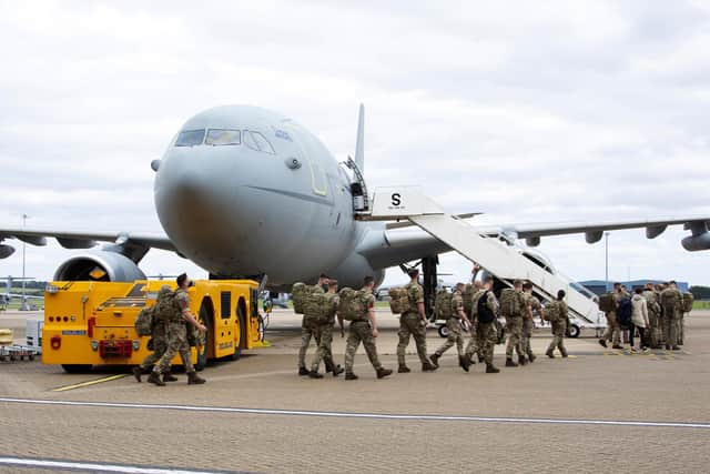 UK military personnel prior to boarding an RAF Voyager aircraft at RAF Brize Norton in Oxfordshire, as part of a 600-strong UK-force sent to assist with the operation to rescue British nationals in Afghanistan, pictured on Sunday