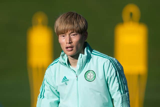 Celtic's Kyogo Furuhashi pictured during a the club's training session at Lennoxtown before they set off for Budapest, with Ange Postecoglou maintaining he has to ensure a player who hasn't had a break in almost a year isn't overwokred in seeking to justify starting him on the bench for the weekend draw at home to Livingston. (Photo by Craig Foy / SNS Group)