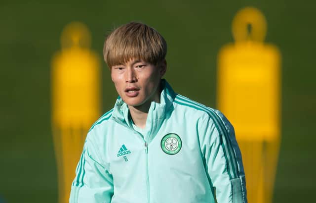 Celtic's Kyogo Furuhashi pictured during a the club's training session at Lennoxtown before they set off for Budapest, with Ange Postecoglou maintaining he has to ensure a player who hasn't had a break in almost a year isn't overwokred in seeking to justify starting him on the bench for the weekend draw at home to Livingston. (Photo by Craig Foy / SNS Group)