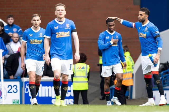 Rangers' Amad Diallo (centre) celebrates making it 2-0 during a cinch Premiership match between Rangers and Dundee United at Ibrox Stadium, on May 07, 2022, in Glasgow, Scotland (Photo by Alan Harvey / SNS Group)