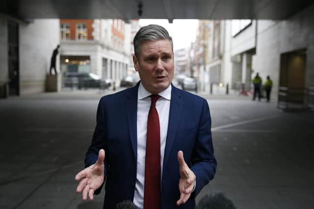 Labour party leader Keir Starmer speaks to the media as he leaves the BBC after his appearance on The Andrew Marr Show. Picture: Hollie Adams/Getty Images