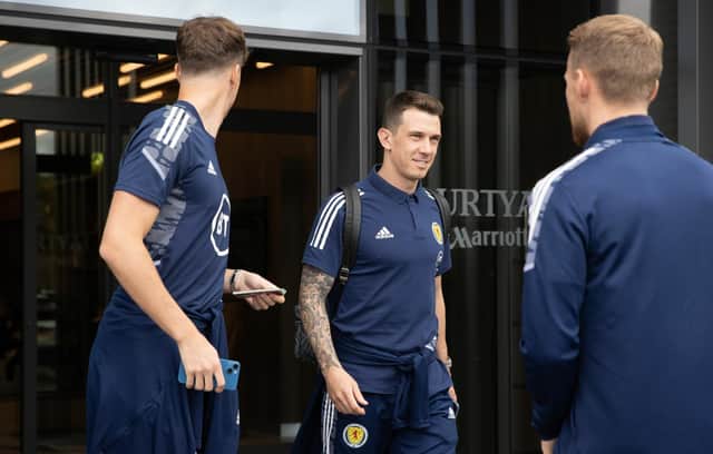 Jack Hendry, Ryan Jack and Stephen Kingsley prepare to leave Scotland's base camp for Poland.