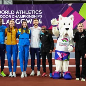 Left to right, David Rudisha, George Holloway of the United States, Femke Bol of the Netherlands, Yaroslava Mahuchikh of Ukraine, Josh Kerr of Great Britain and Devynne Charlton of the Bahamas, the official mascot of the World Athletics Indoor Championships 2024 and former athlete Eilidh Doyle during a World Indoor Championships media conference at the Emirates Arena, on February 29, 2024, in Glasgow, Scotland.