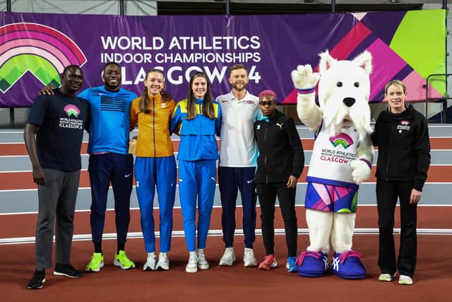 Left to right, David Rudisha, George Holloway of the United States, Femke Bol of the Netherlands, Yaroslava Mahuchikh of Ukraine, Josh Kerr of Great Britain and Devynne Charlton of the Bahamas, the official mascot of the World Athletics Indoor Championships 2024 and former athlete Eilidh Doyle during a World Indoor Championships media conference at the Emirates Arena, on February 29, 2024, in Glasgow, Scotland.