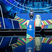 The UEFA European Championship trophy on the stage before the UEFA Euro 2024 qualifying group stage draw at Messe Frankfurt on October 09, 2022 in Frankfurt am Main, Germany. (Photo by Thomas Lohnes/Getty Images)