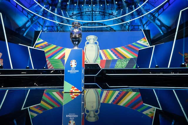 The UEFA European Championship trophy on the stage before the UEFA Euro 2024 qualifying group stage draw at Messe Frankfurt on October 09, 2022 in Frankfurt am Main, Germany. (Photo by Thomas Lohnes/Getty Images)