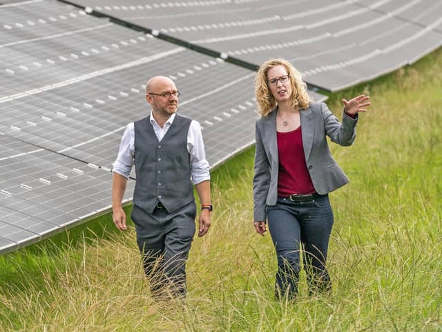 Scottish Greens co-leaders Patrick Harvie and Lorna Slater visit the site of a new solar farm at the University of Edinburgh Easter Bush Campus. Pic: Jane Barlow/PA