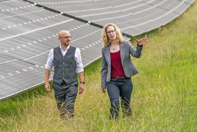 Scottish Greens co-leaders Patrick Harvie and Lorna Slater visit the site of a new solar farm at the University of Edinburgh Easter Bush Campus. Pic: Jane Barlow/PA