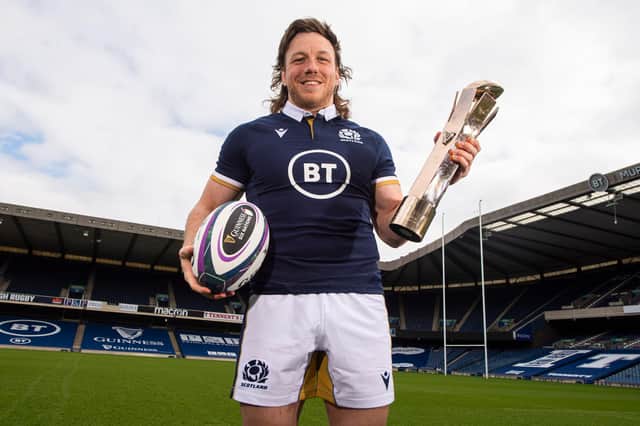Scotland's Hamish Watson with the Guinness Six Nations Player of the Championship Award at BT Murrayfield. Picture: Ross MacDonald/SNS