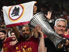 Roma's head coach Jose Mourinho celebrates with the trophy after his team won the UEFA Europa Conference League final against Feyenoord at the Air Albania Stadium in Tirana on May 25, 2022. (Photo by OZAN KOSE / AFP) (Photo by OZAN KOSE/AFP via Getty Images)