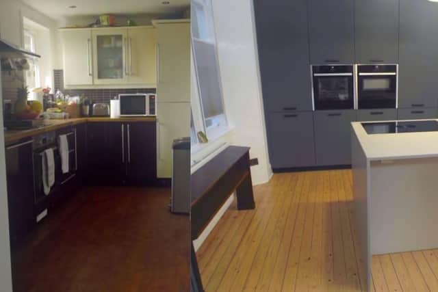 The couple's previous kitchen situated in a small room of the house (left) and the finished Kitchen by Nick and his team located in a former dining area (right). (Photo: Channel 4).