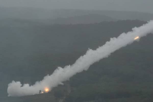 Russian Uragan self-propelled 220mm multiple rocket launchers fire projectiles during the 'Vostok-2022' military exercises. Picture: Kirill Kudryavtsev/AFP via Getty Images