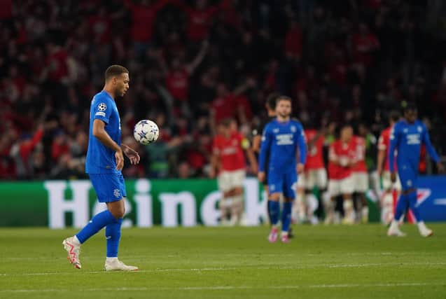 Rangers' Cyriel Dessers appears dejected after PSV Eindhoven score their second goal. Pic Tim Goode/PA Wire.