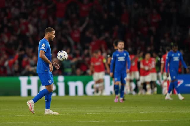 Rangers' Cyriel Dessers appears dejected after PSV Eindhoven score their second goal. Pic Tim Goode/PA Wire.