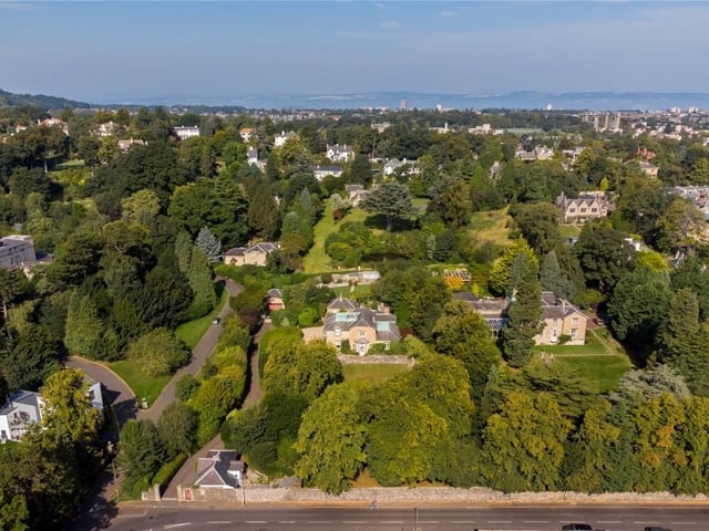 Aerial view of house and grounds.