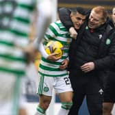 Celtic manager Neil Lennon embraces Mohamed Elyounoussi at full-time after the striker scored a hat-trick in the 4-1 win over Motherwell (Photo by Craig Williamson / SNS Group)