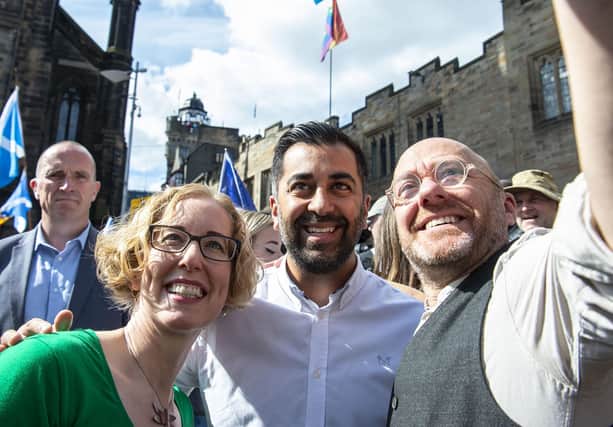 First Minister Humza Yousaf on the march in Edinburgh Saturday with Scottish Greens co-leaders Lorna Slater and Patrick Harvie