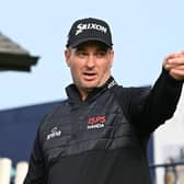 Defending champion Ryan Fox gestures ahead of teeing off on the first hole on the Old Course during a practice round prior to the Alfred Dunhill Links Championship. Picture: Octavio Passos/Getty Images.