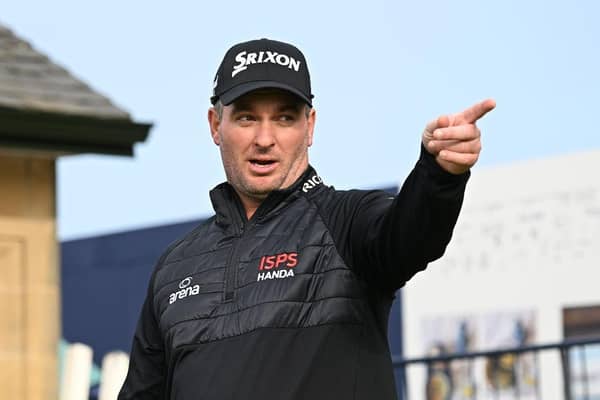 Defending champion Ryan Fox gestures ahead of teeing off on the first hole on the Old Course during a practice round prior to the Alfred Dunhill Links Championship. Picture: Octavio Passos/Getty Images.
