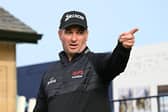 Defending champion Ryan Fox gestures ahead of teeing off on the first hole on the Old Course during a practice round prior to the Alfred Dunhill Links Championship. Picture: Octavio Passos/Getty Images.