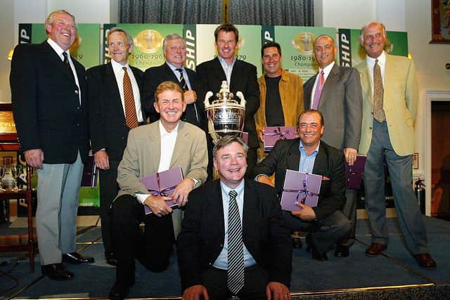 Some of the former winners of the PGA Championship gather with Ken Schofield, front, after the third round of the 2004 Volvo PGA Championship at Wentworth. Picture: Andrew Redington/Getty Images.