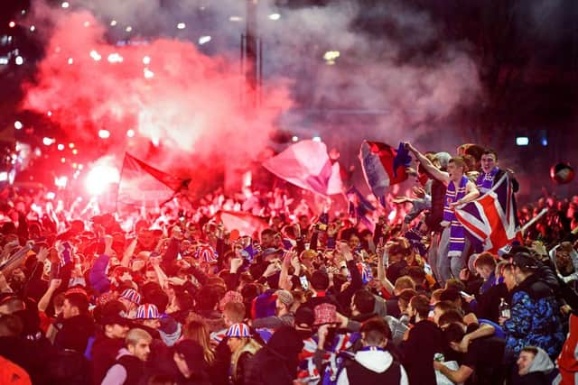 Rangers fans celebrating their club winning the Scottish Premiership for the first time in 10 years, on March 7, 2021.